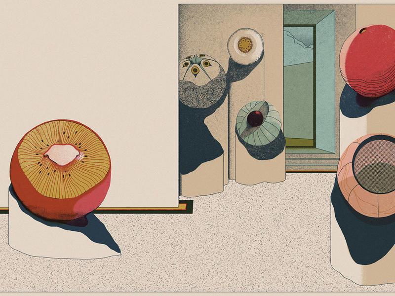 Illustration portrays gallery art via abstractions of organic circular shapes