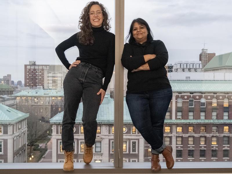 Writer-director Sushma Khadepaun and cinematographer Victoria Sendra stand in window overlooking Columbia campus